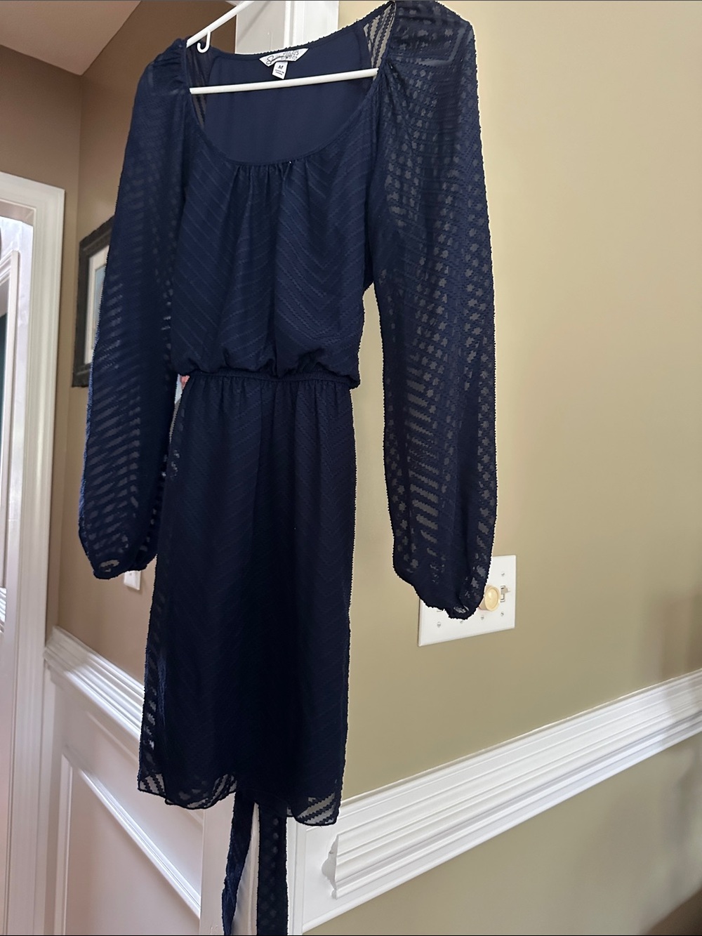 Navy Long-Sleeve Sheer Overlay Dress